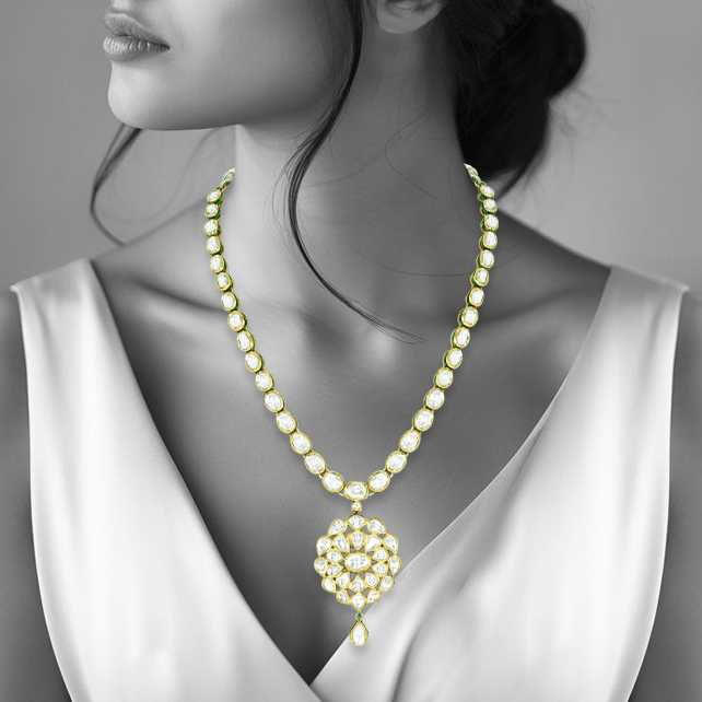 Linear Polki Necklace with Floral Pendant